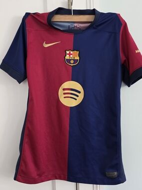 Nike Kids FC Barcelona Half-and-Half Jersey in Red & Blue with Gold Accents